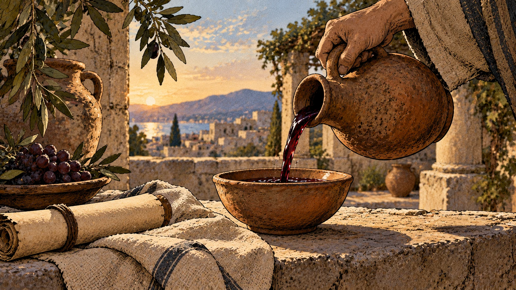 An anonymous hand pours wine from a clay jug into an earthen bowl near sunset.