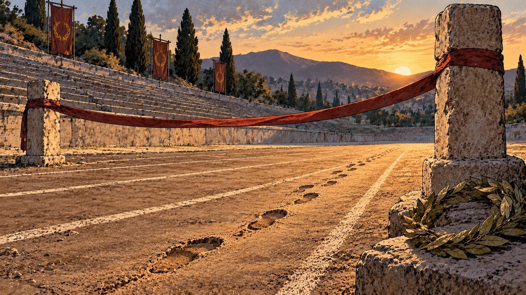 Footprints lead across an empty ancient running track toward a red finish cord at sunset.
