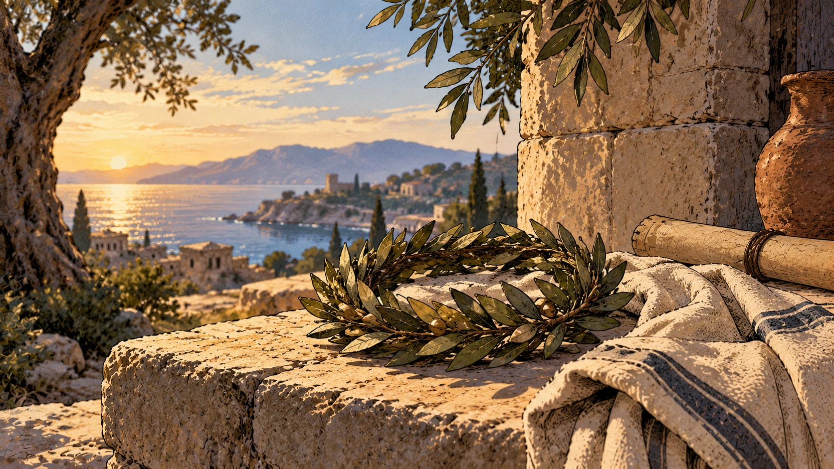 A leafy wreath rests on a stone ledge beside folded linen and a rolled scroll above a bright coast.