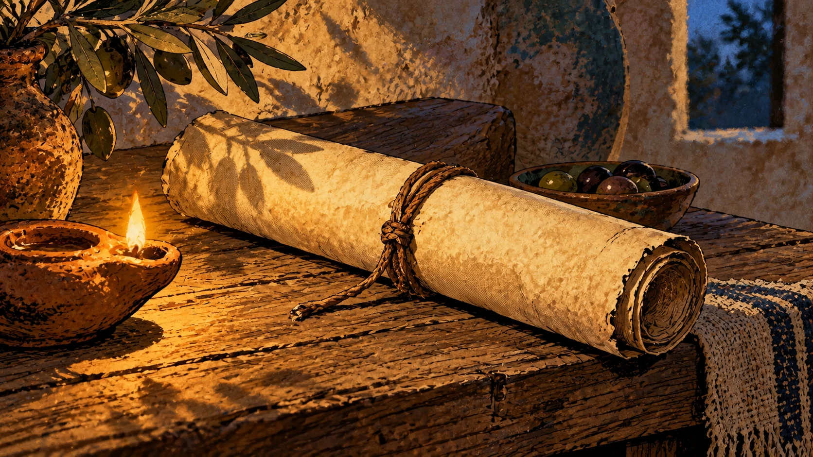 A tied rolled letter rests beside a clay lamp on a wooden table.