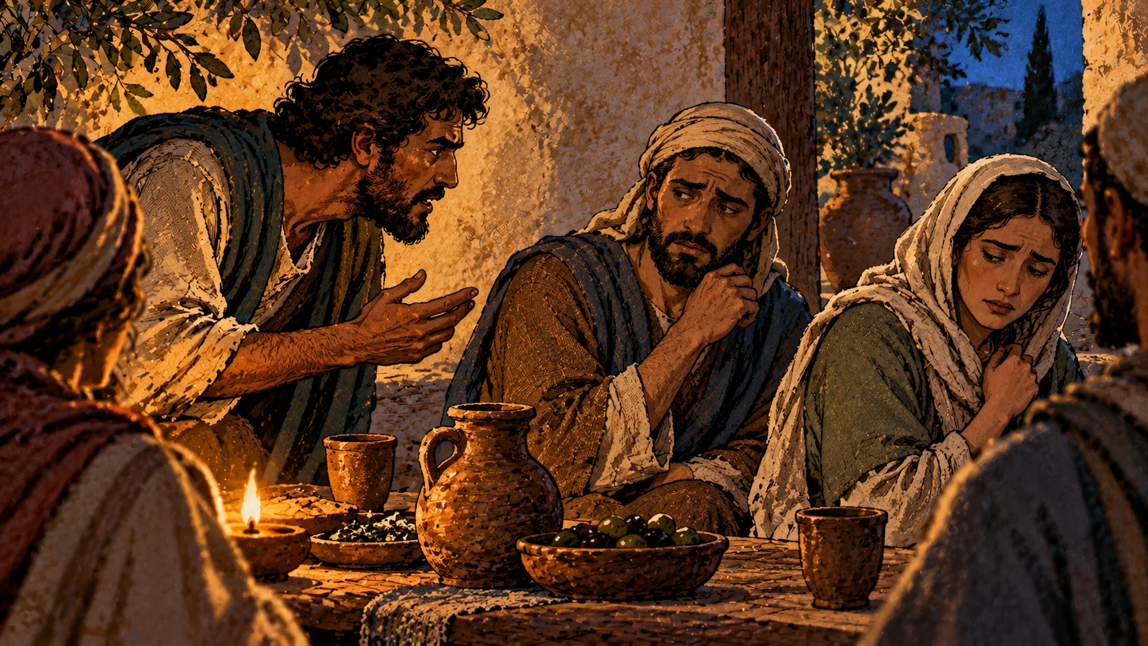 An anonymous speaker leans toward uncomfortable listeners at a household table.