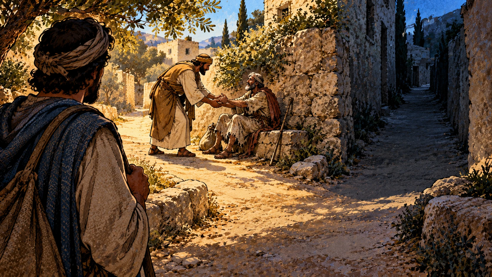 An observer watches someone help a weary traveler rise from a stone seat.