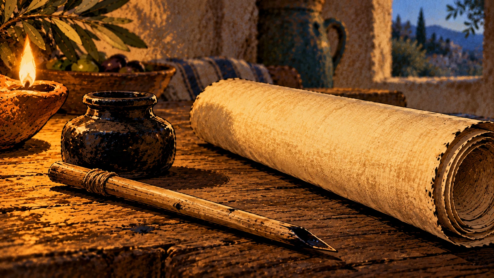 A reed pen and dark ink pot lie beside unlettered rolled papyrus.