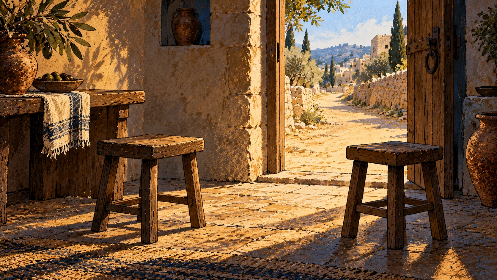 Two empty stools face one another beside a doorway opening onto an empty road.