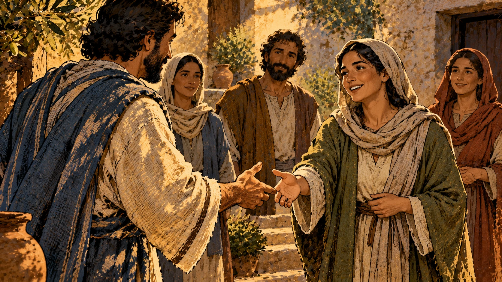 Anonymous friends offer individual greetings in a courtyard.