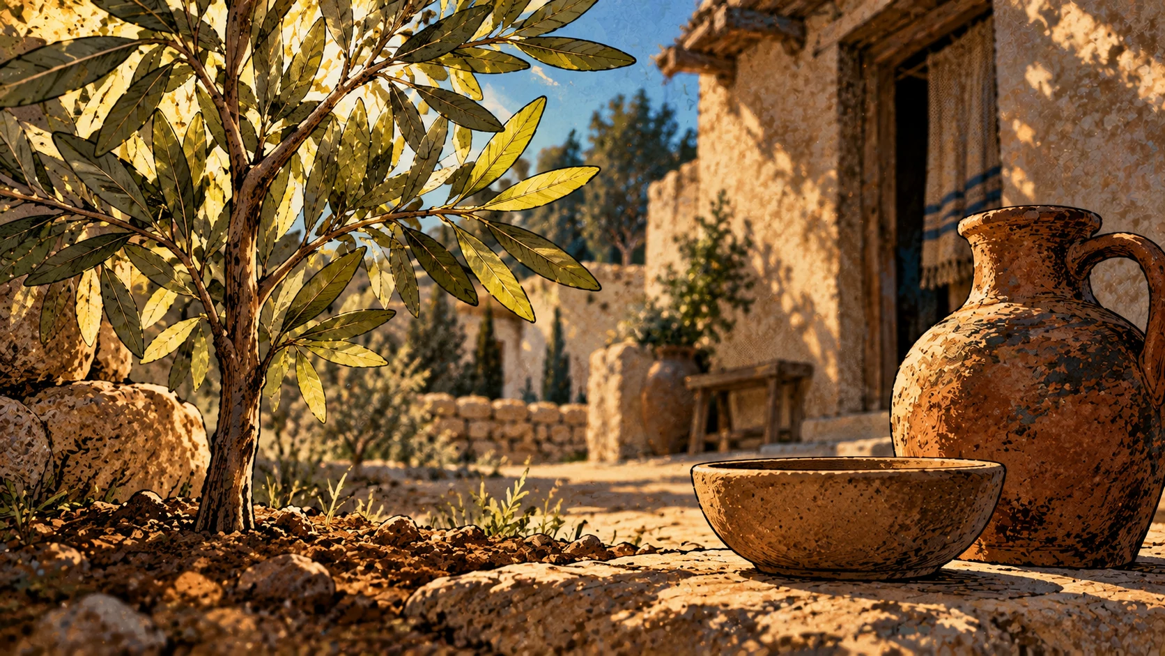 Healthy olive leaves grow beside a clay water jug and bowl.