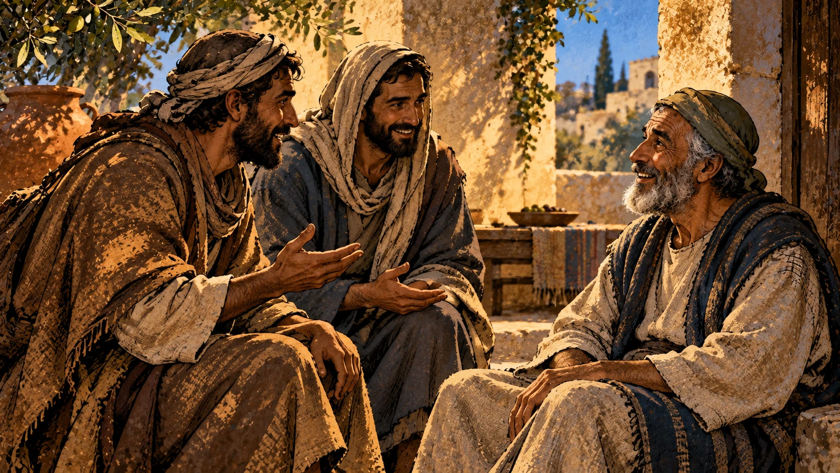 Two anonymous travelers speak with a delighted older listener in a courtyard.