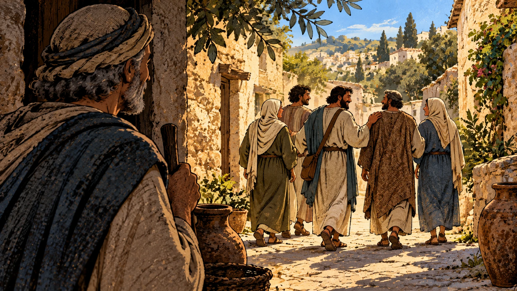 Adult believers walk a sunlit lane while an older observer watches.