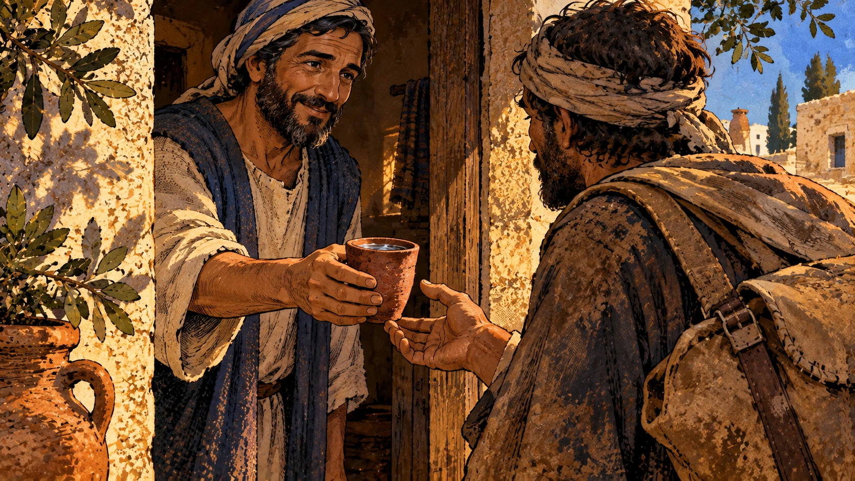 An anonymous host offers a cup of water to a weary traveler at a doorway.