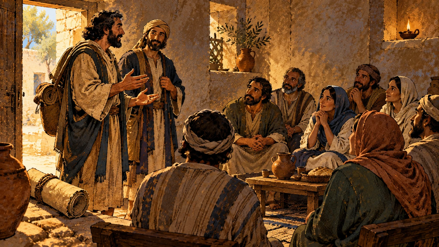 Anonymous travelers speak to an attentive house gathering around a shared table.