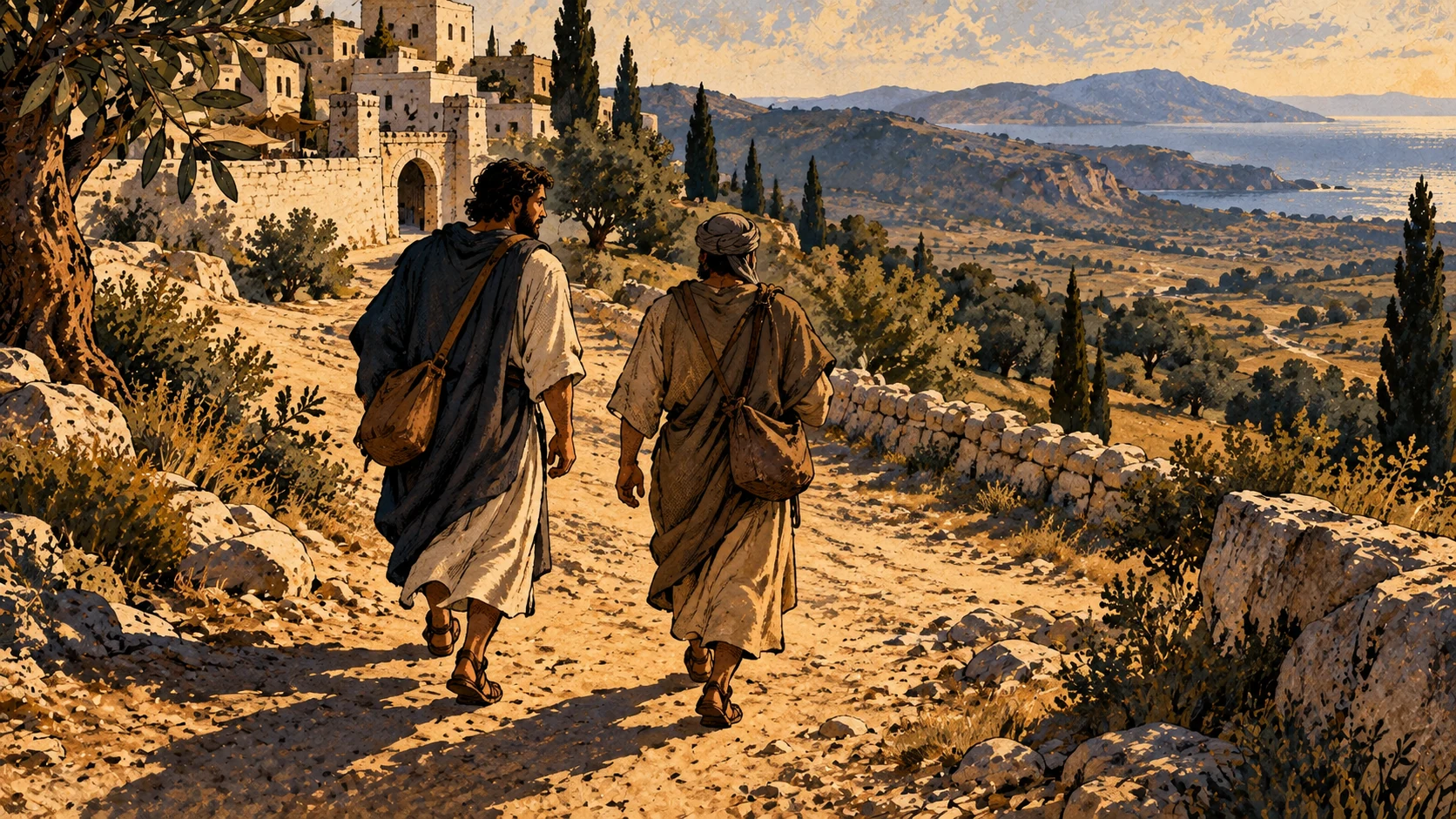 Two anonymous travelers walk away from town into a broad open landscape.