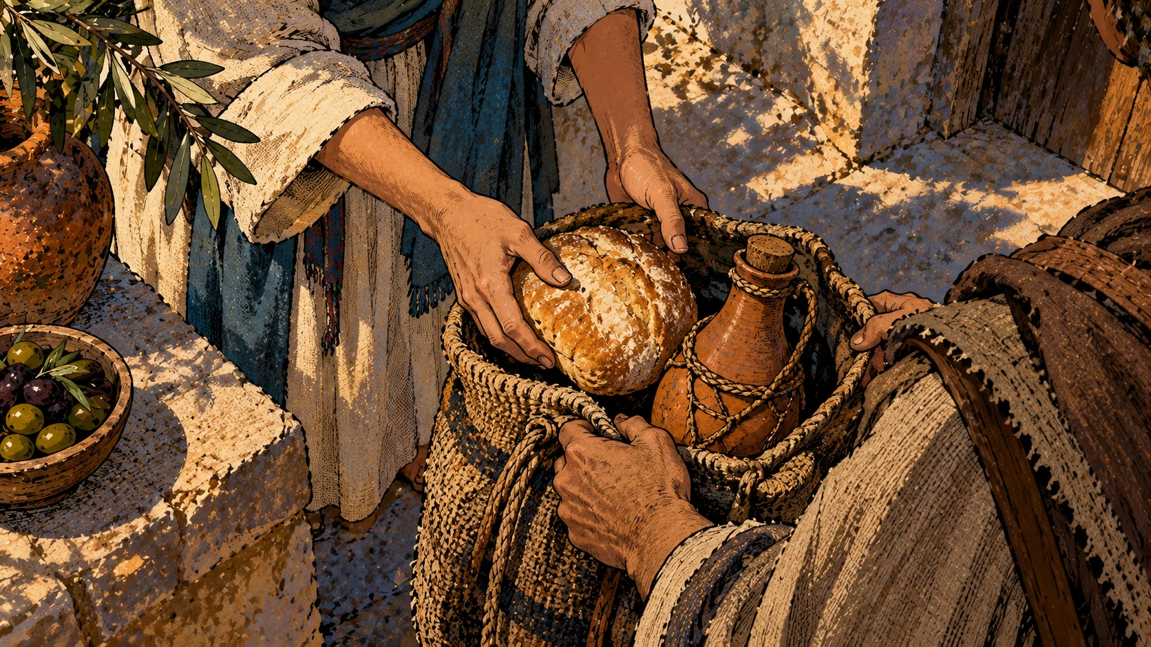 Hands place bread and a water flask into a woven travel basket.
