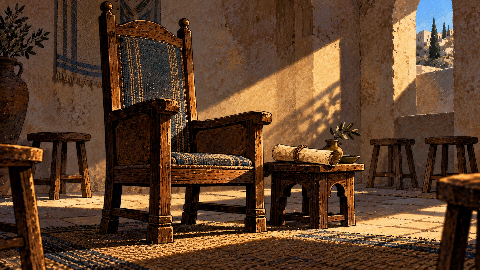 A large unoccupied chair dominates ordinary stools beside a set-aside letter.