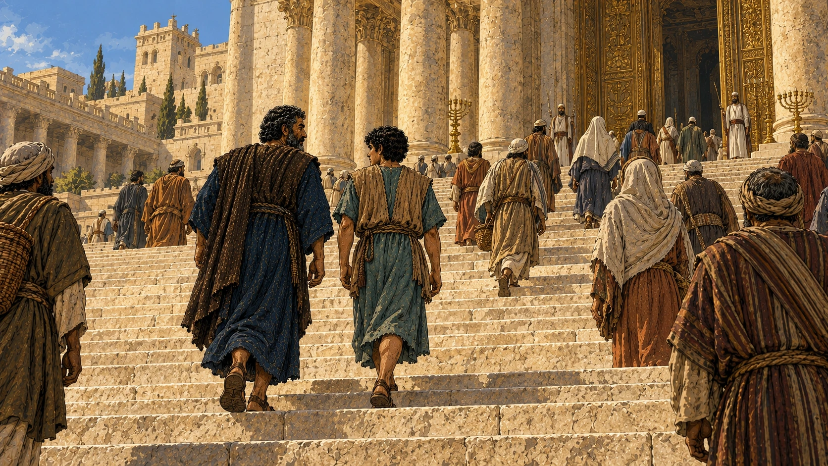 Peter and John ascend the Temple steps among other worshippers.