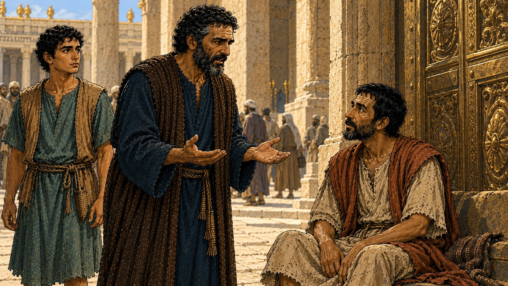 Peter speaks with empty open hands while the man remains seated.
