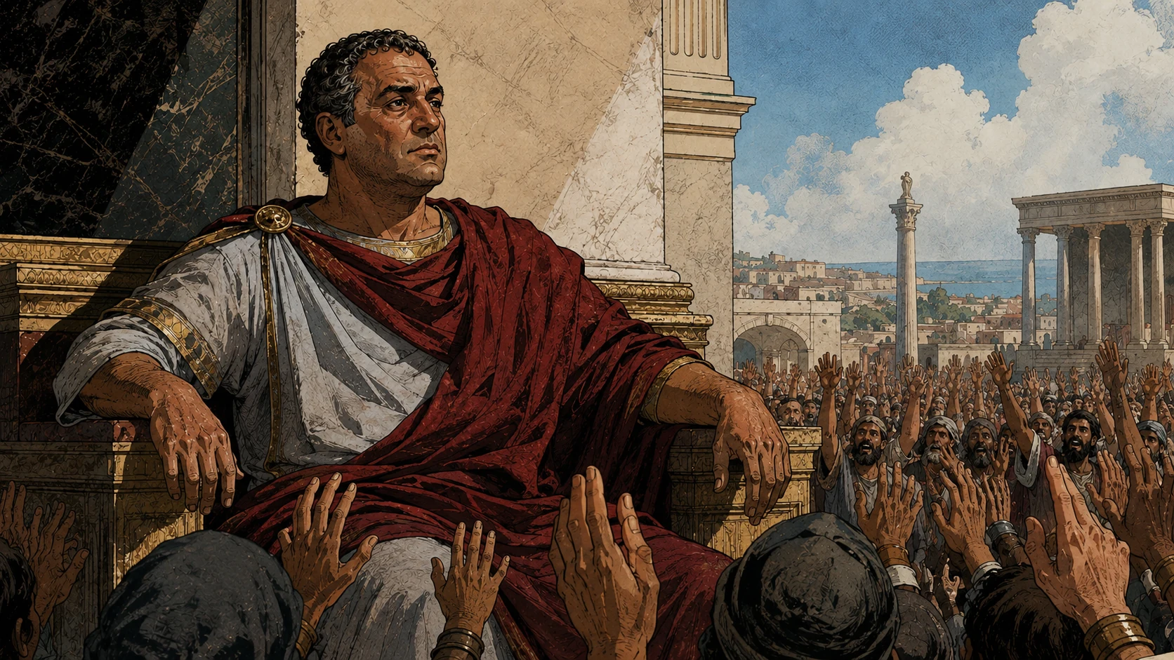 Herod sits in silver-gray and crimson royal clothing as a crowd raises hands in acclaim.