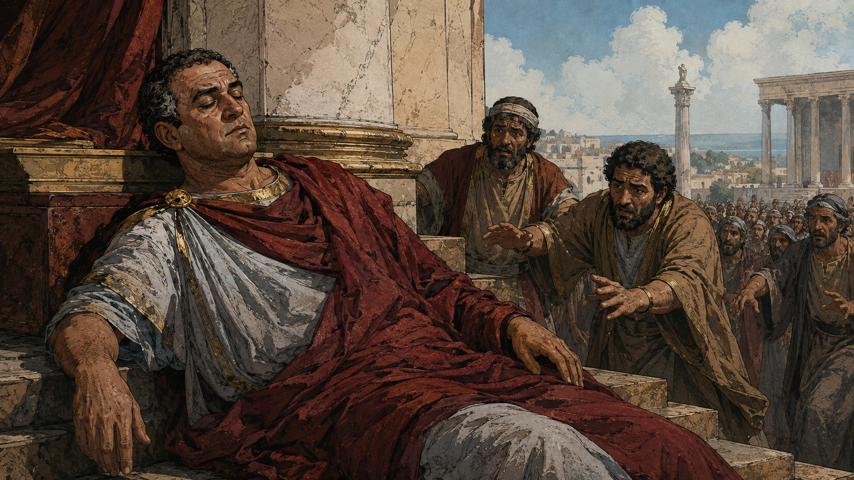 Herod has collapsed at the tribunal while attendants approach in alarm.