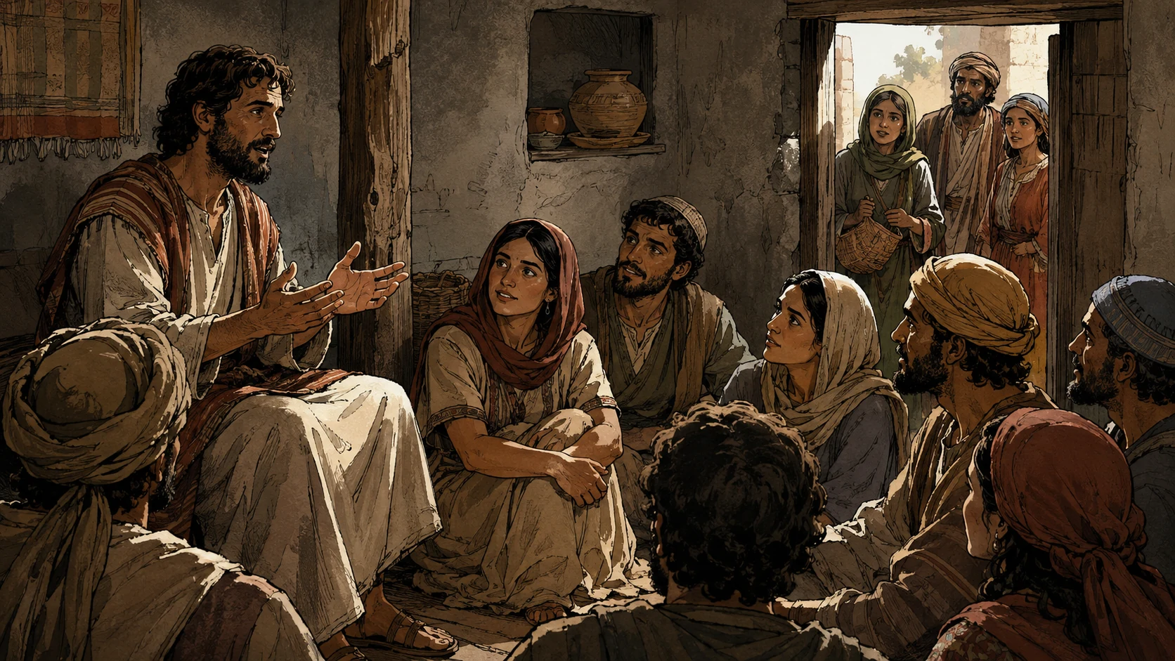 A teacher addresses a gathering in a home as newcomers arrive.