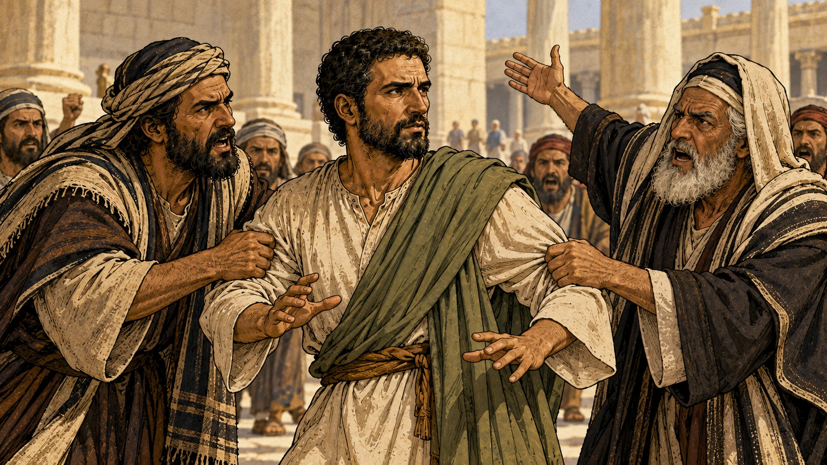 Men from Asia seize Paul in the temple and raise accusations against him.