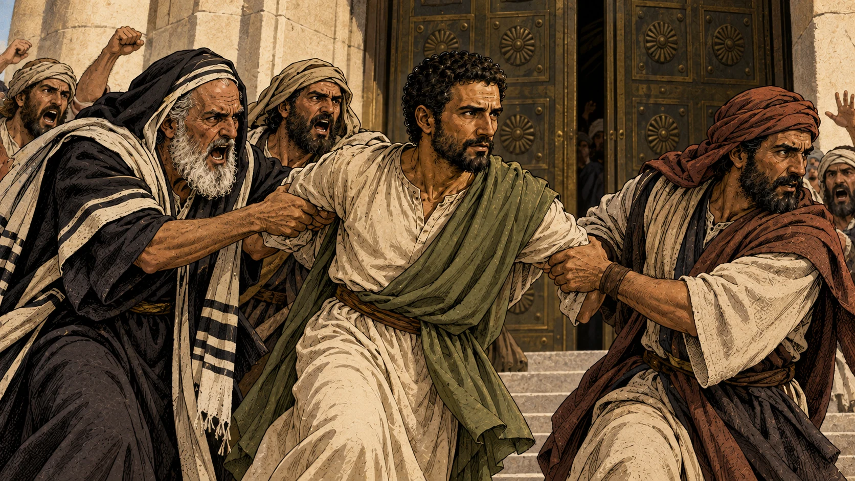 The crowd drags Paul outside, and the temple doors are shut.
