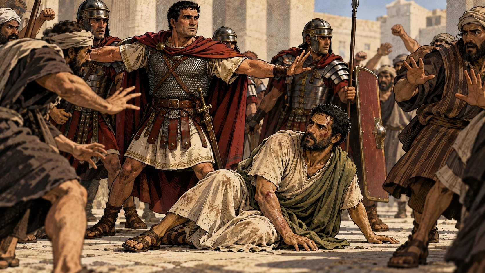 The commander and soldiers arrive, stopping the beating.