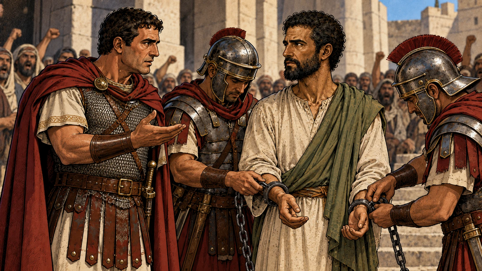 The commander orders Paul bound with two chains and asks who he is.