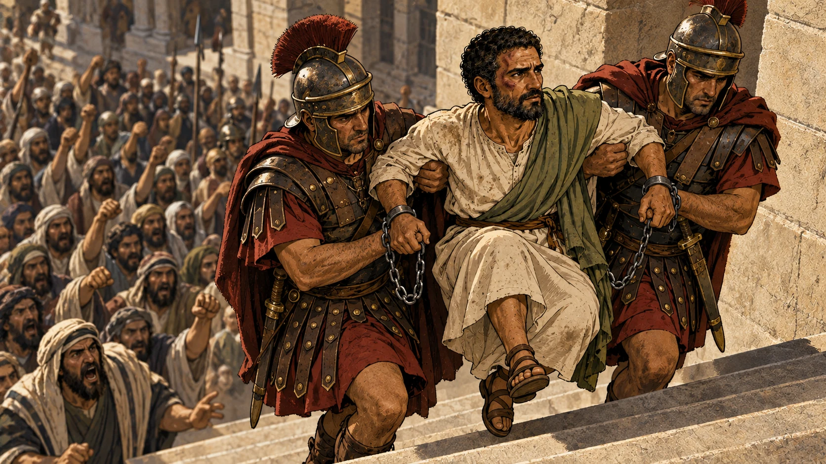 Soldiers carry Paul up the steps through the crowd.