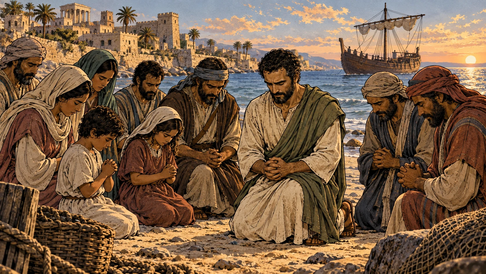 The believers and their families pray together on the beach before saying farewell.