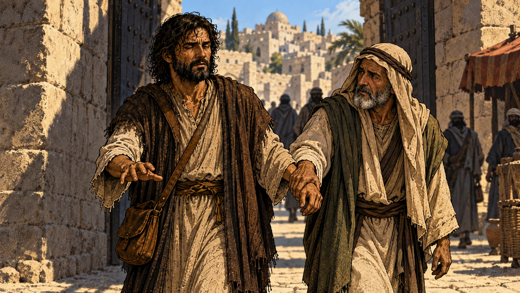 His companions lead the blinded Saul into Damascus.