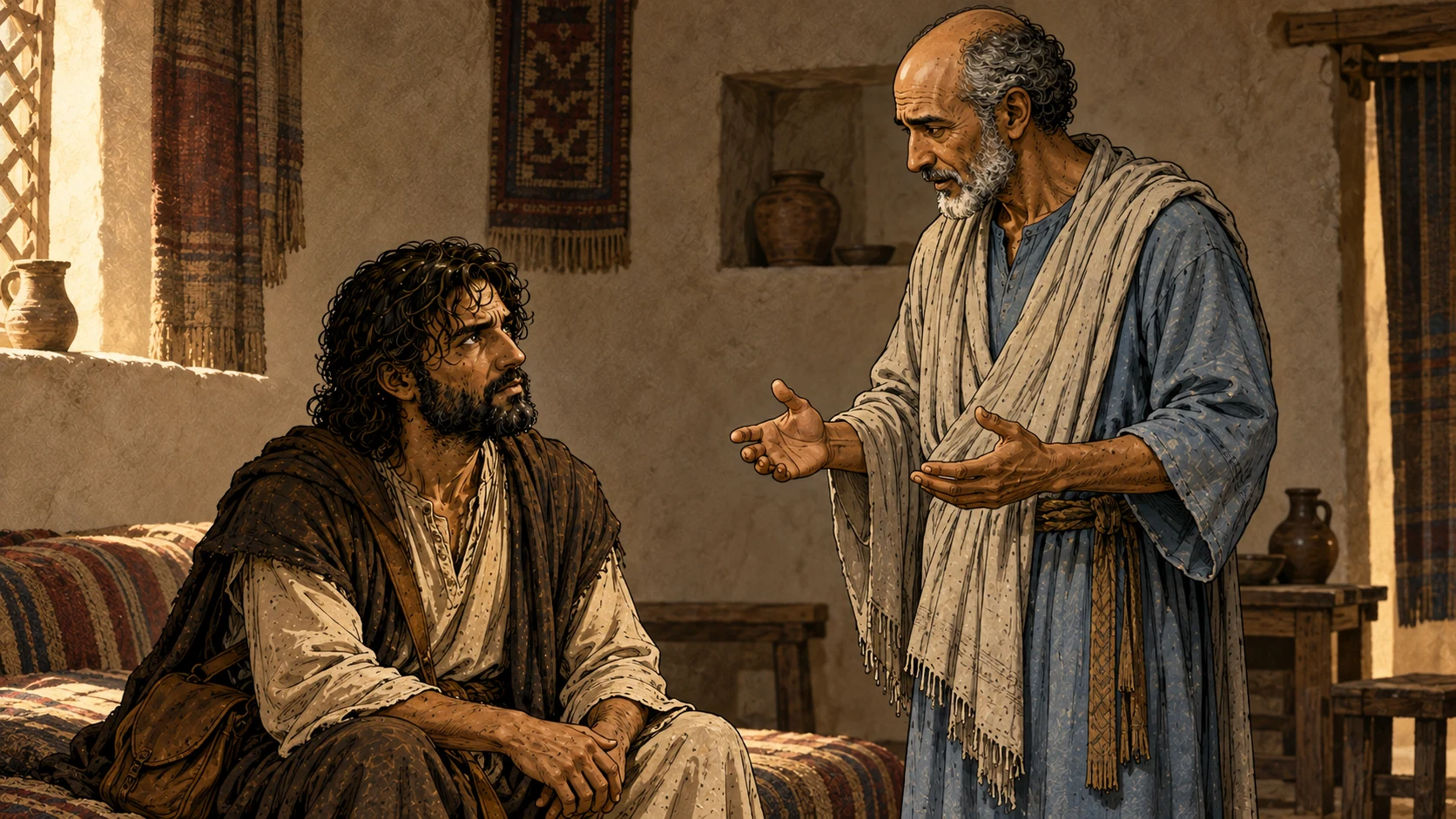 Ananias speaks to Saul as his sight is restored.