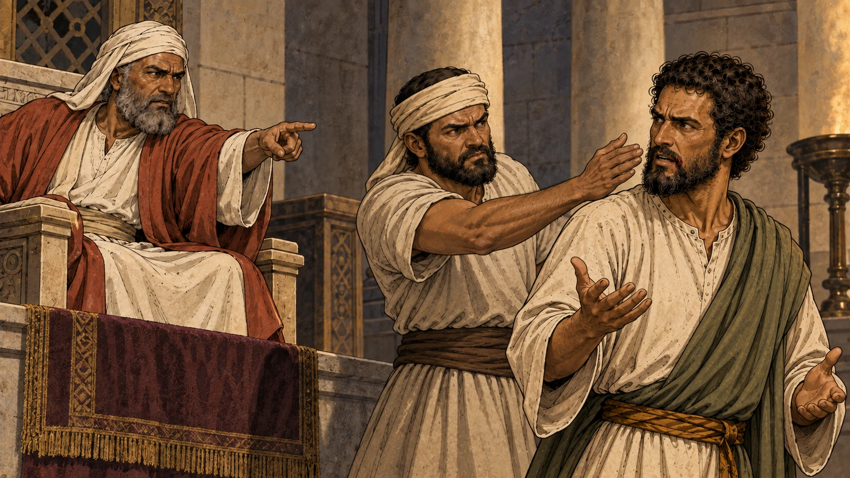 The high priest orders Paul struck, and Paul protests the unlawful command.