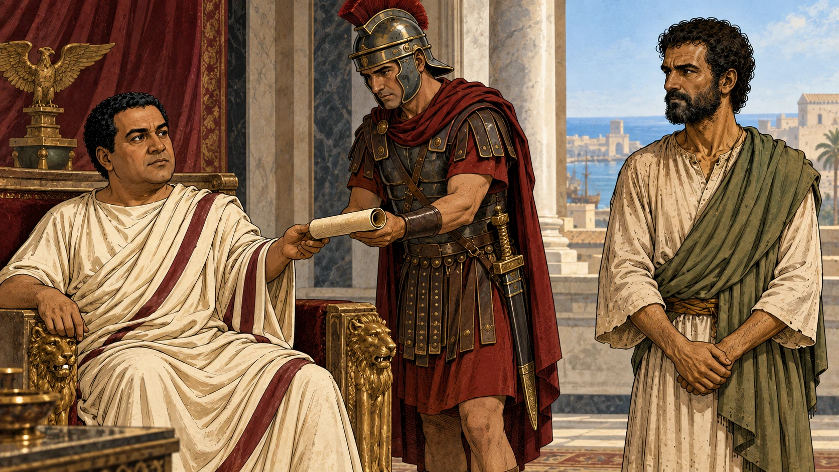 The escort delivers the letter and presents Paul to Felix in Caesarea.
