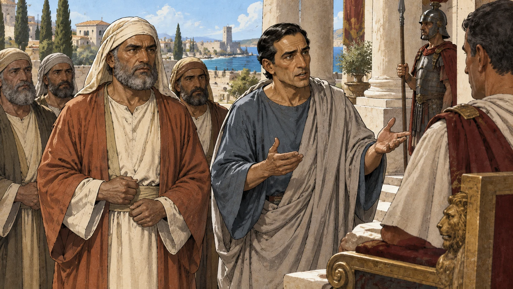 Ananias, elders, and Tertullus bring charges against Paul before the governor.