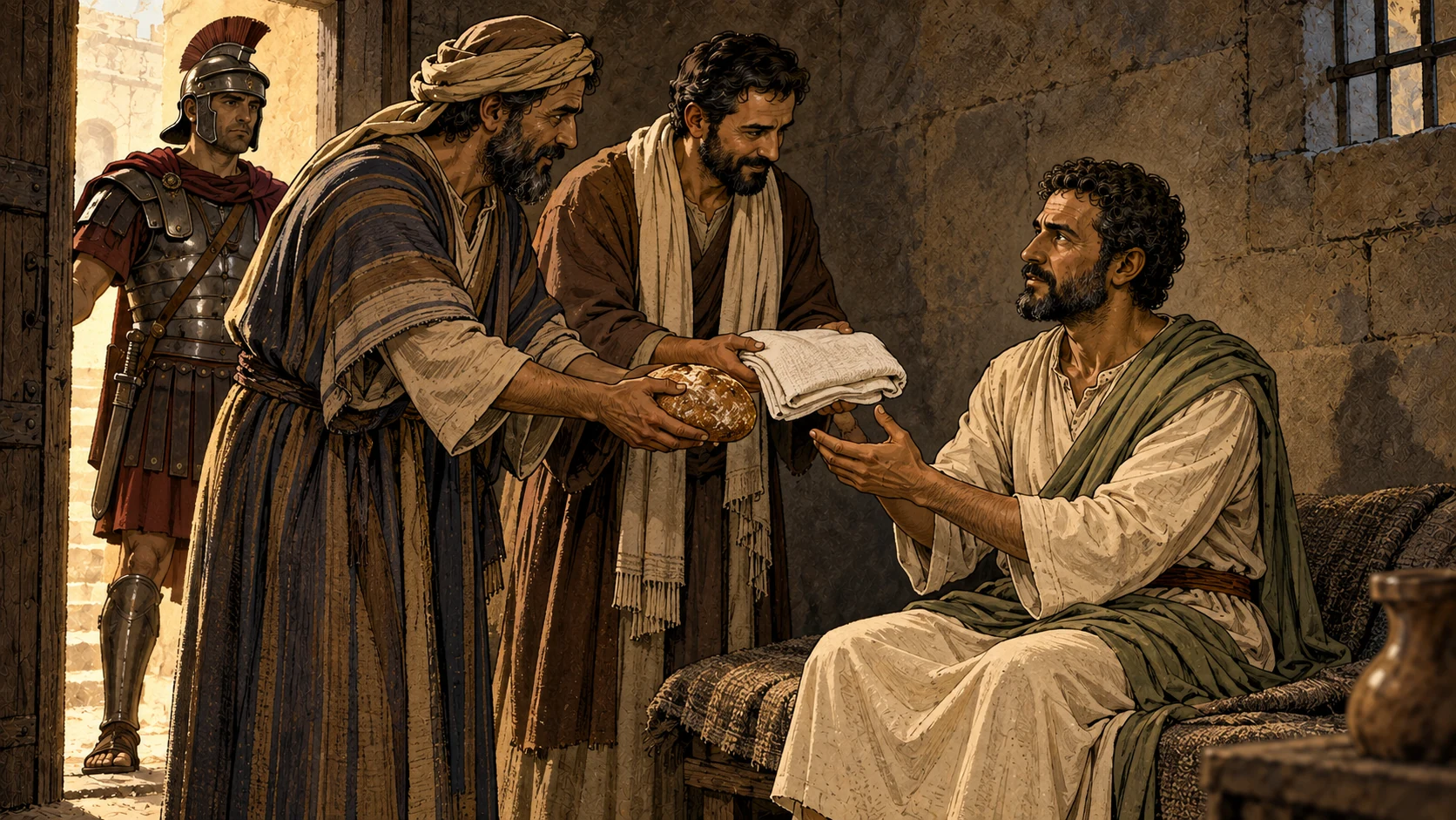 Paul remains guarded, with freedom for his friends to attend to his needs.