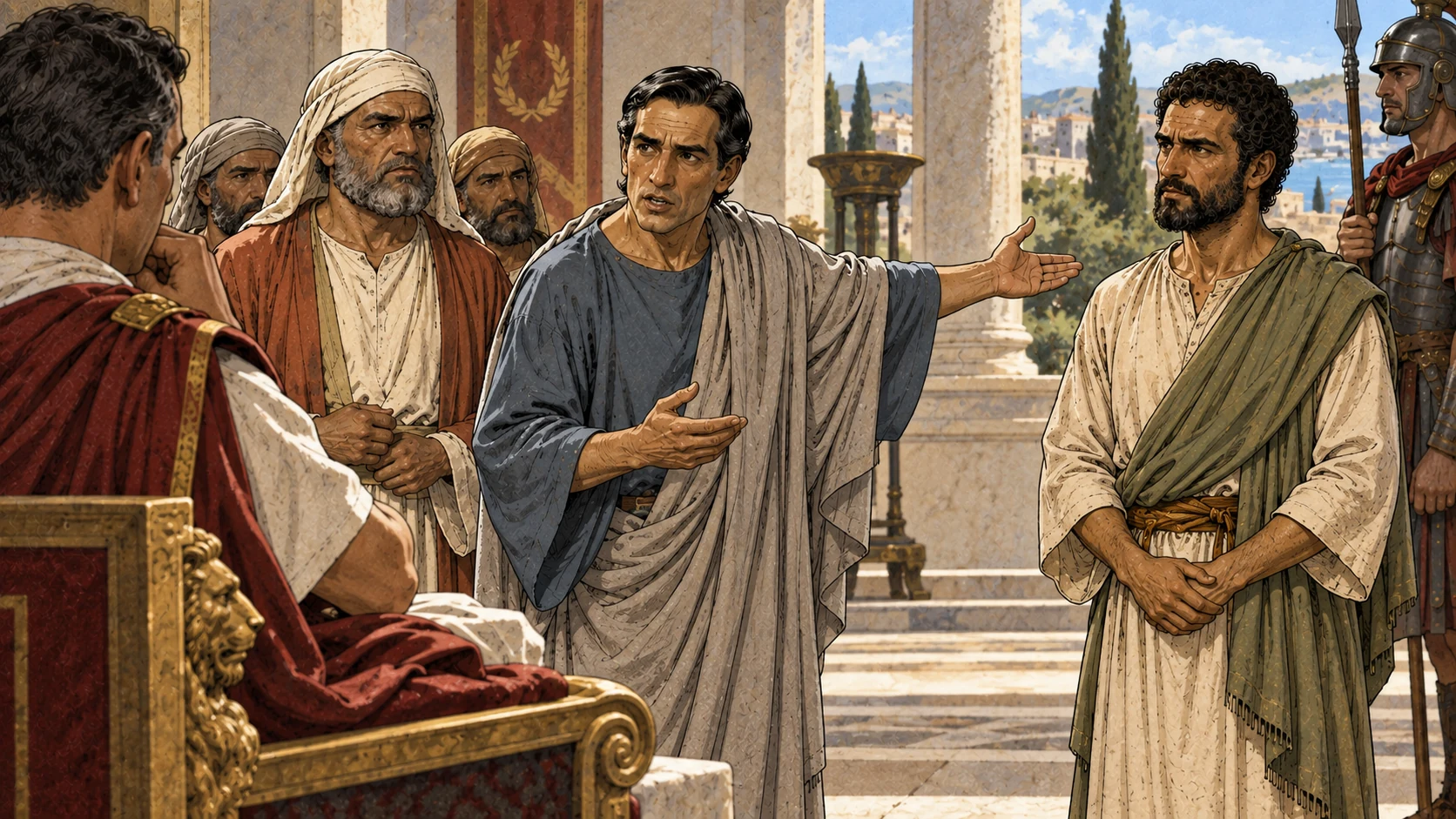 Tertullus presents accusations against Paul, supported by the elders.