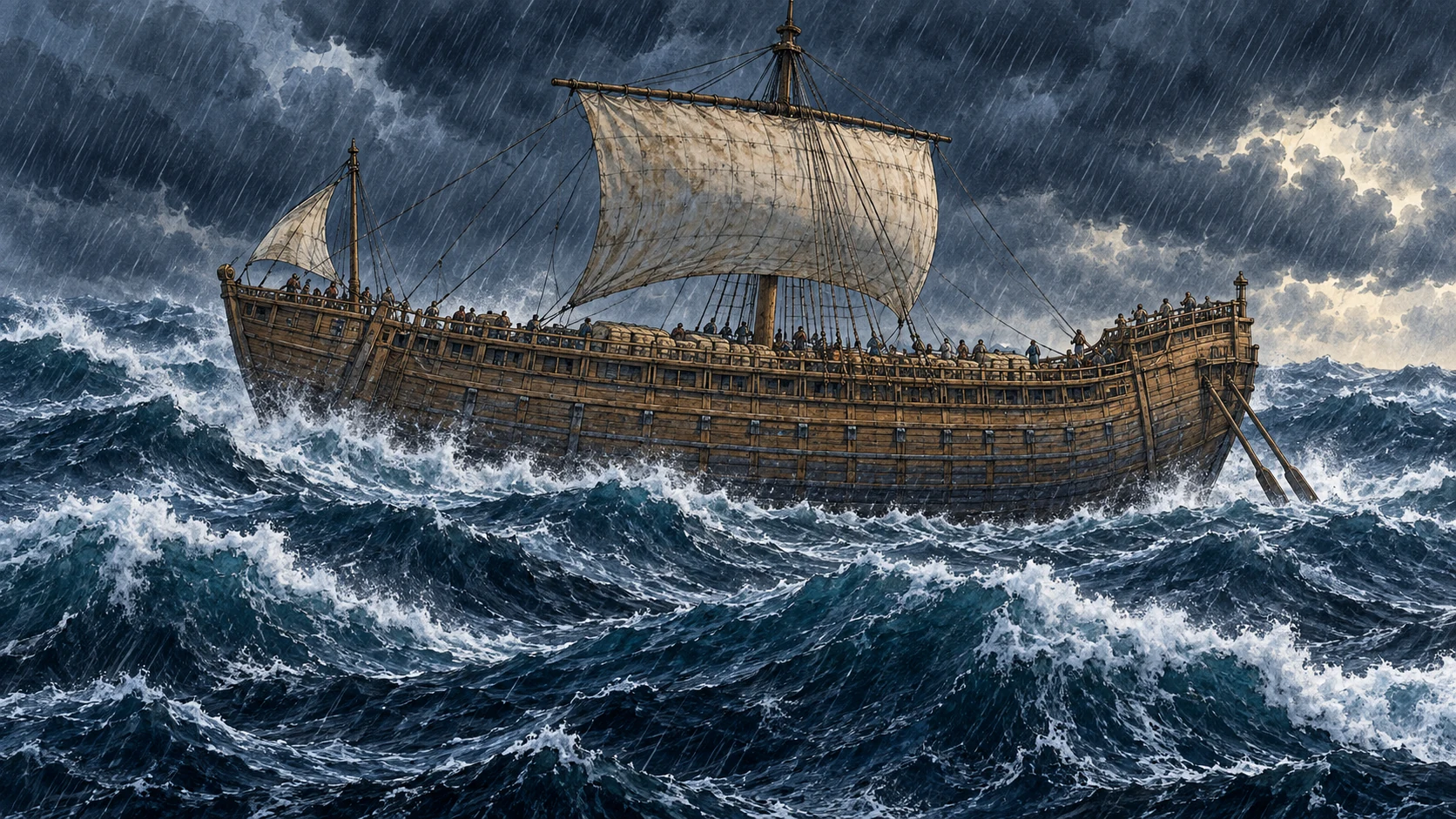 A violent wind catches the ship and drives it off course.