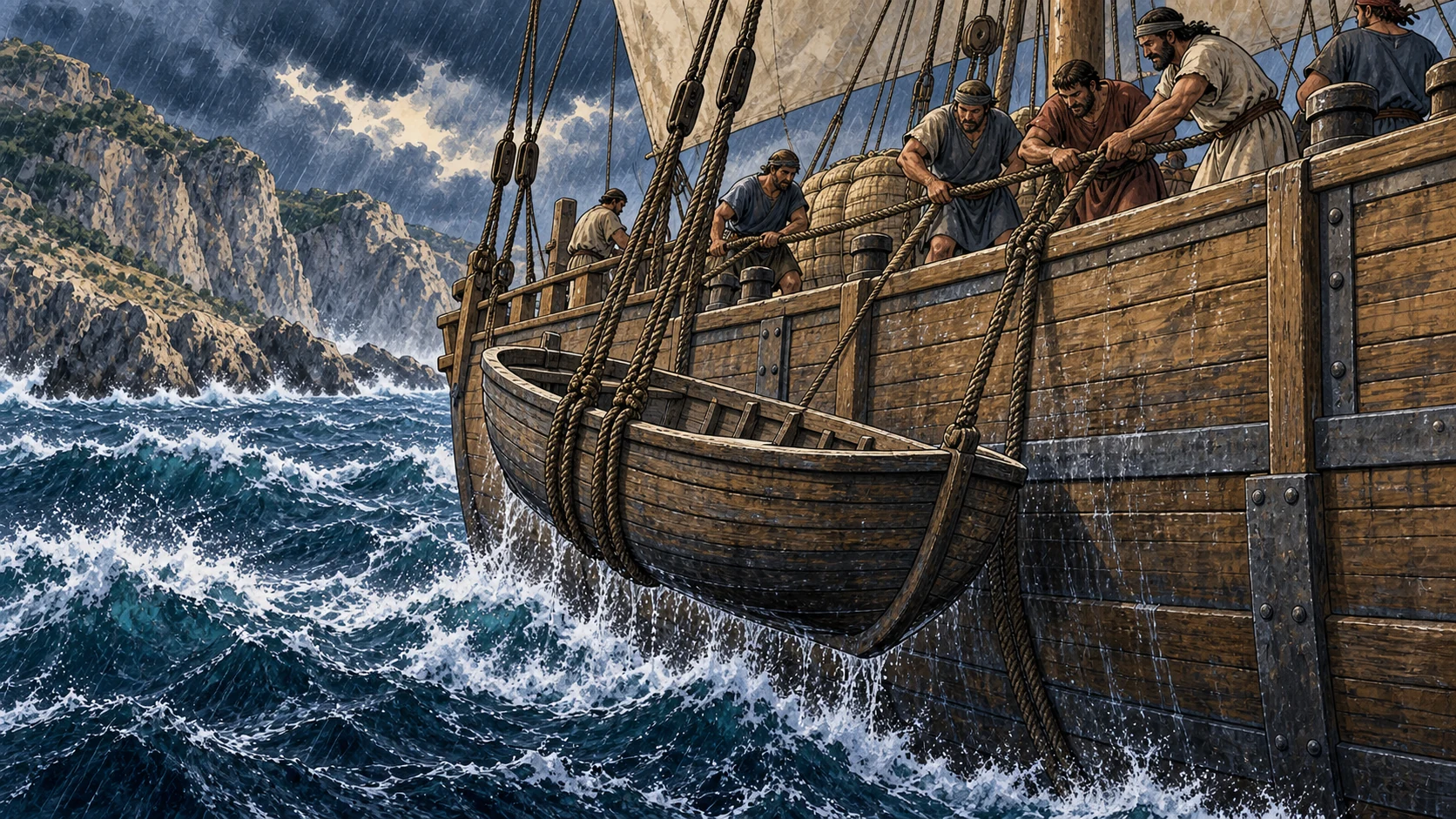 The sailors secure the ship’s boat and reinforce the hull.