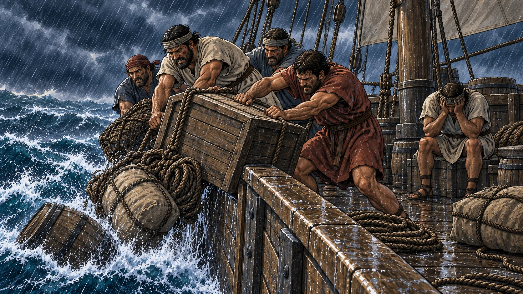 Cargo and gear are thrown overboard as hope fades.