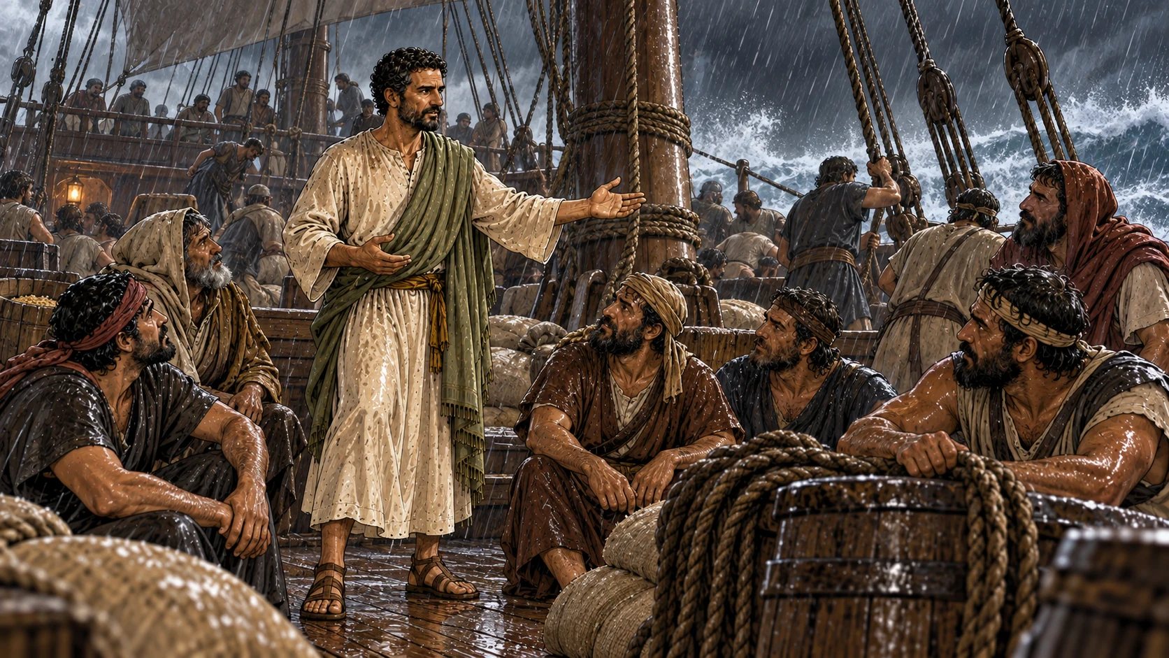Paul urges everyone to take courage and recounts the promise that their lives will be spared.