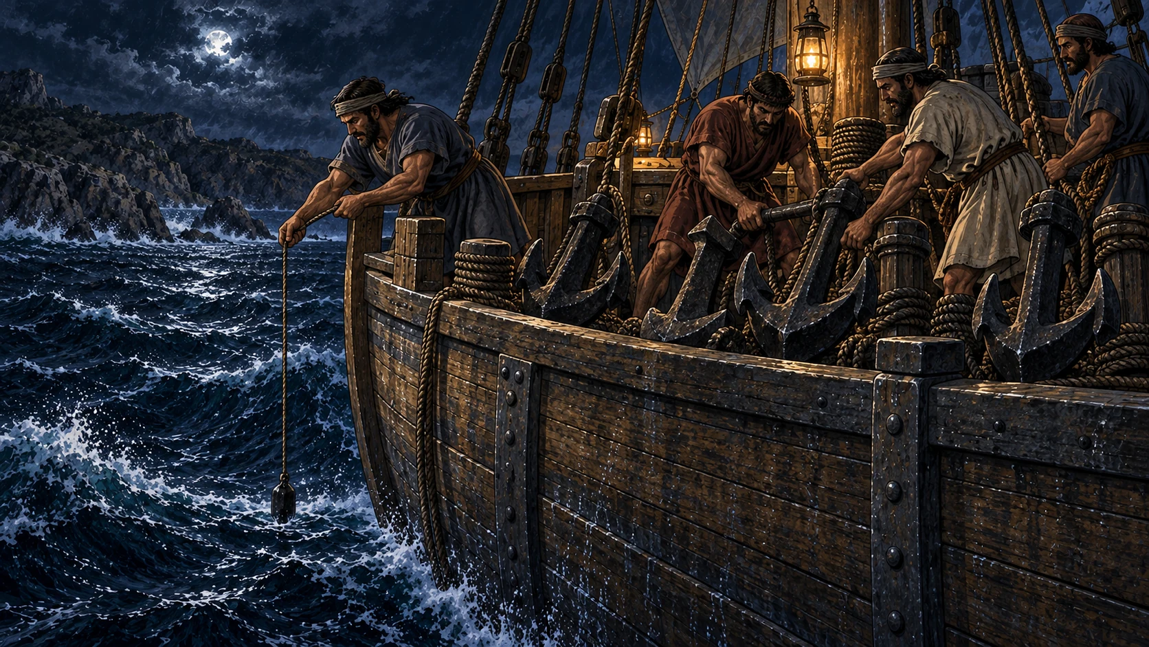 The sailors take soundings, drop four stern anchors, and wait for daylight.