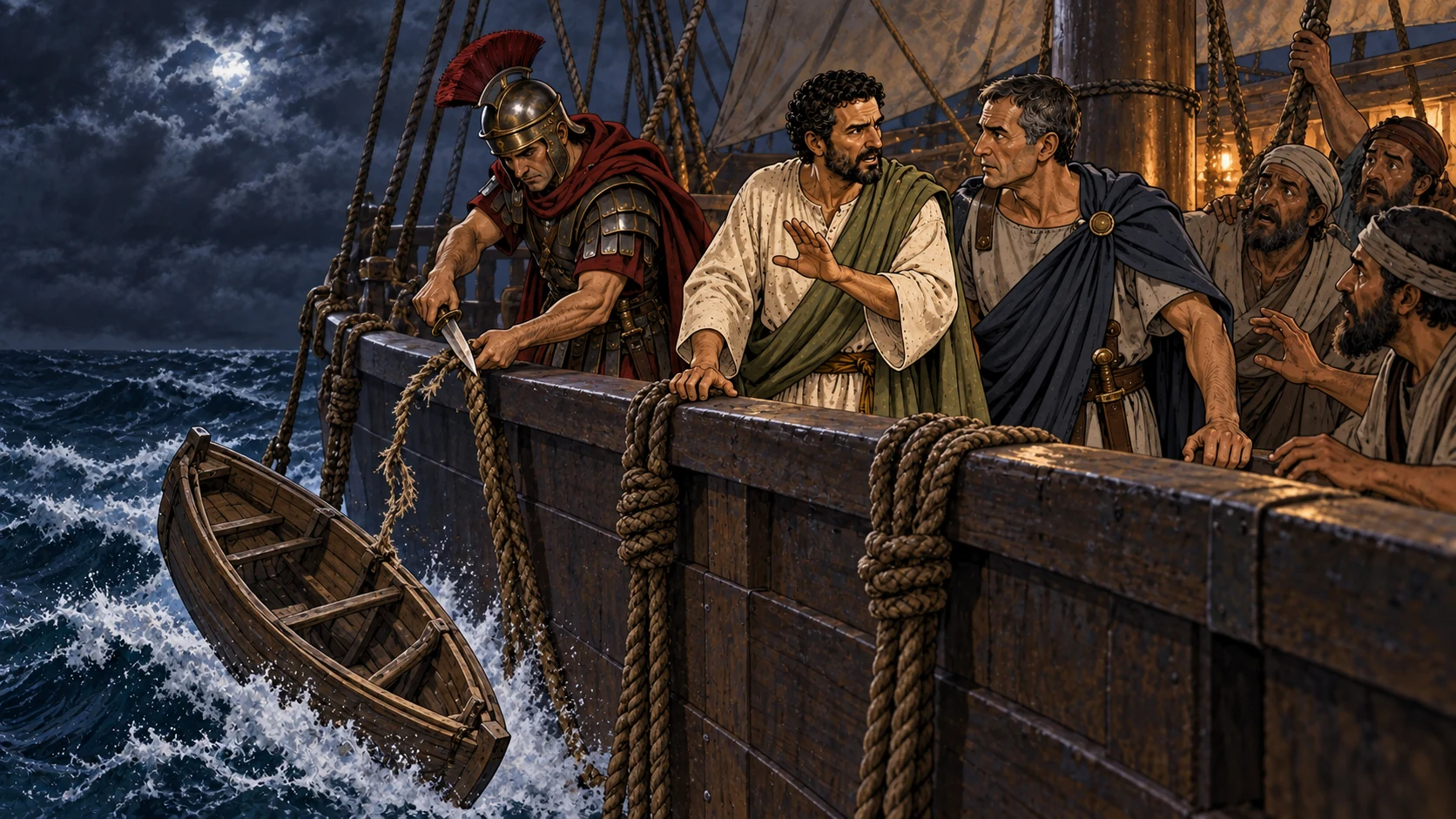 Paul warns Julius, and the soldiers cut away the boat to prevent the sailors’ escape.