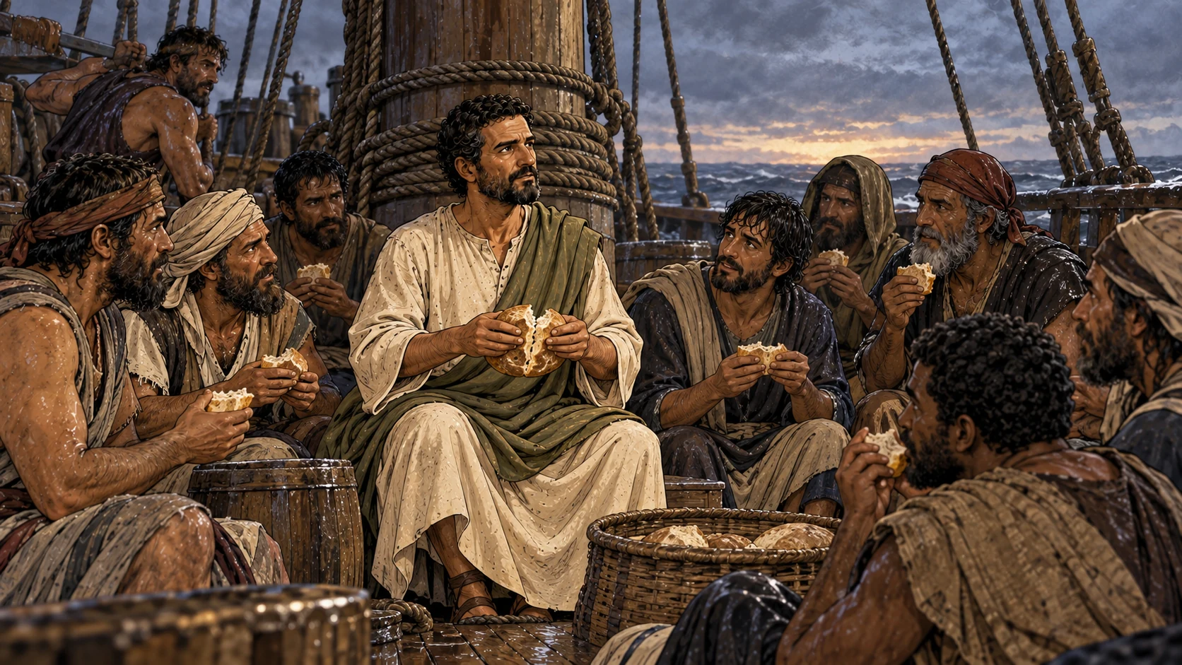 Paul gives thanks and breaks bread, encouraging everyone to eat.