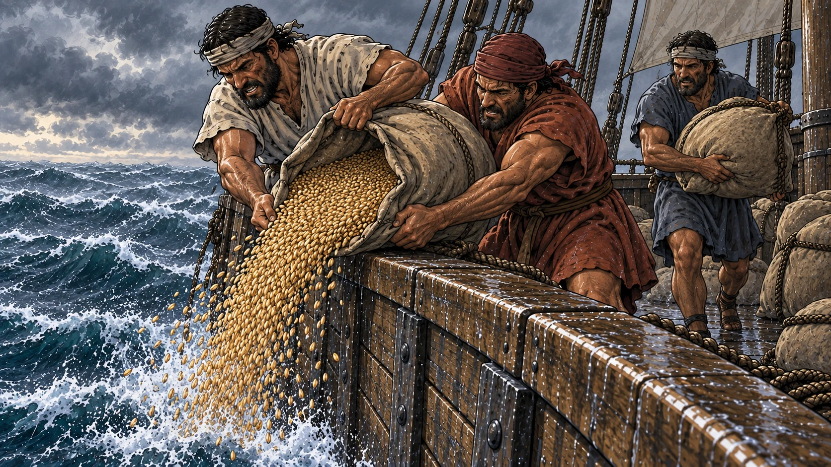 The sailors throw wheat into the sea to lighten the ship.