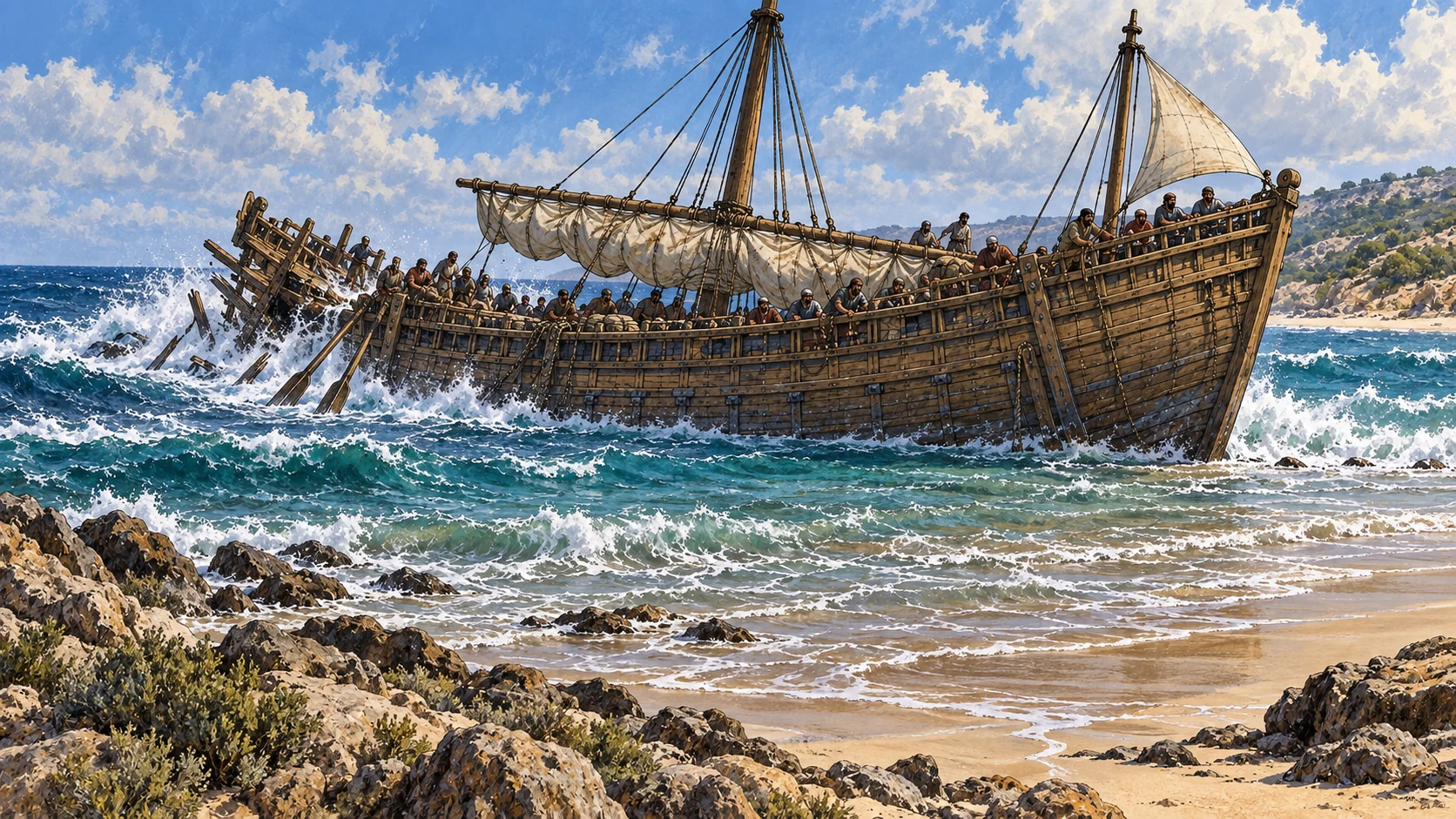 The ship runs aground, and the stern begins to break apart.