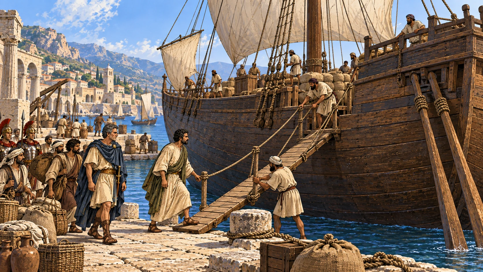 After sailing past Cyprus toward Myra, the travelers board an Alexandrian ship.