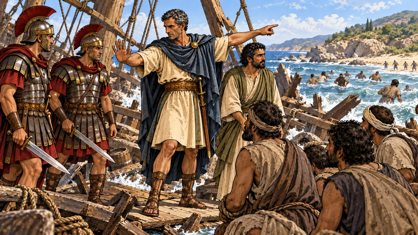 Julius stops the soldiers from killing the prisoners and orders those who can swim to go first.