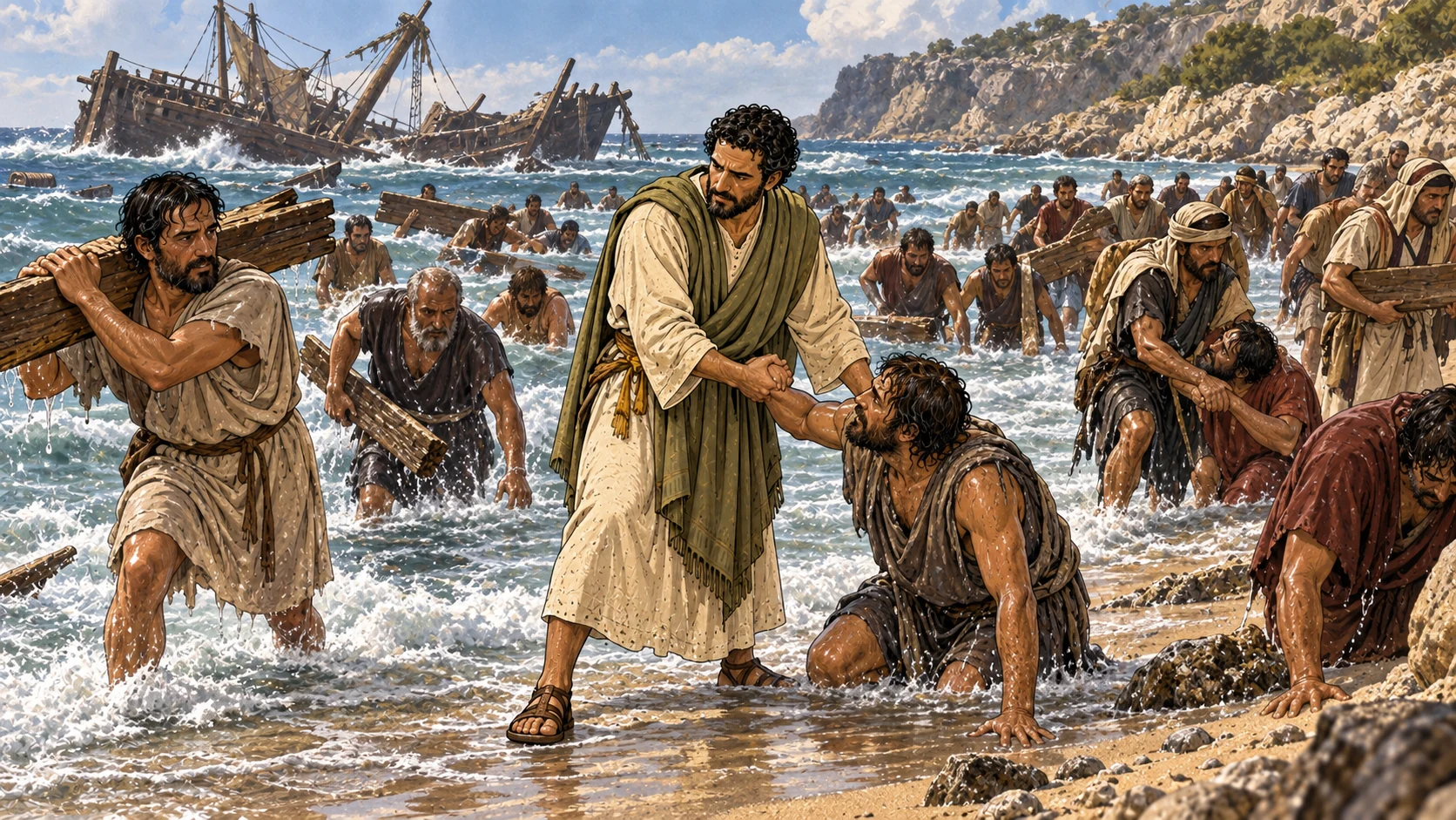Everyone reaches land safely, some swimming and others using pieces of the ship.