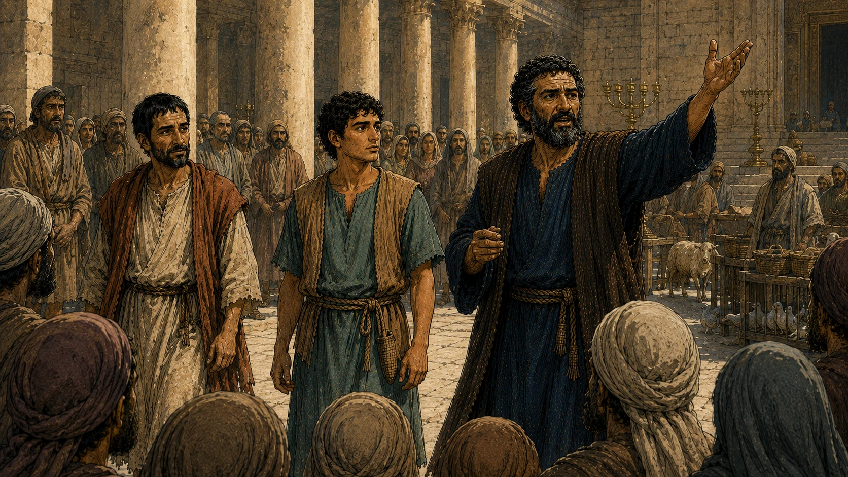 Peter addresses the gathered people while John and the healed man stand beside him.