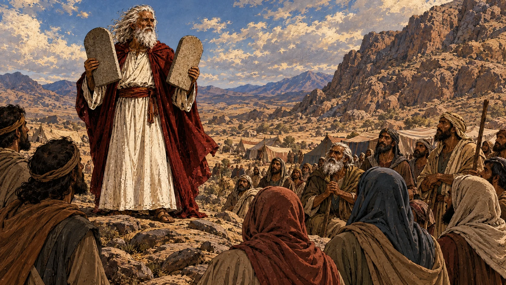 Older Moses holds stone tablets before the wilderness assembly.