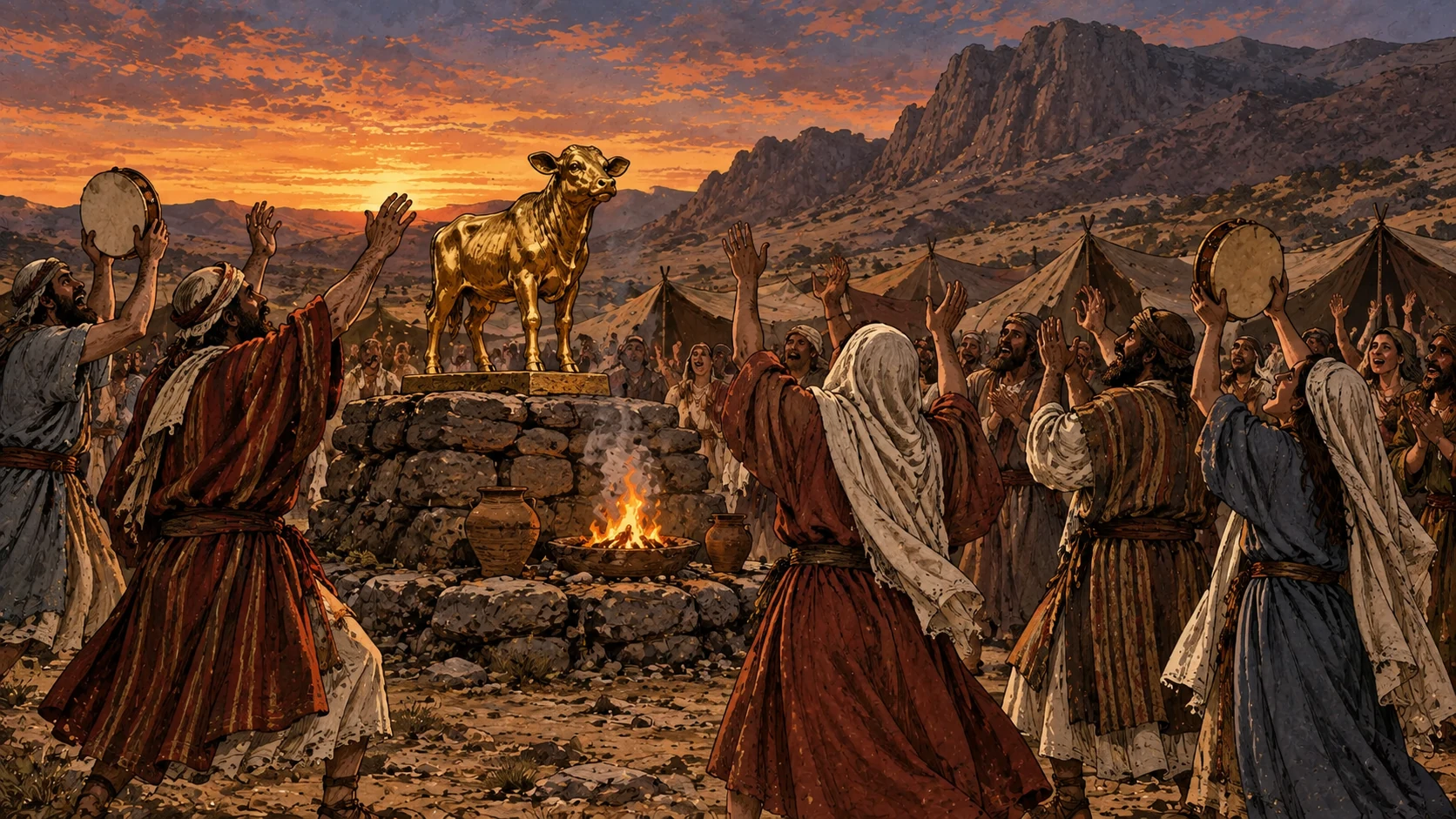 A wilderness crowd celebrates before a golden calf and an offering fire.